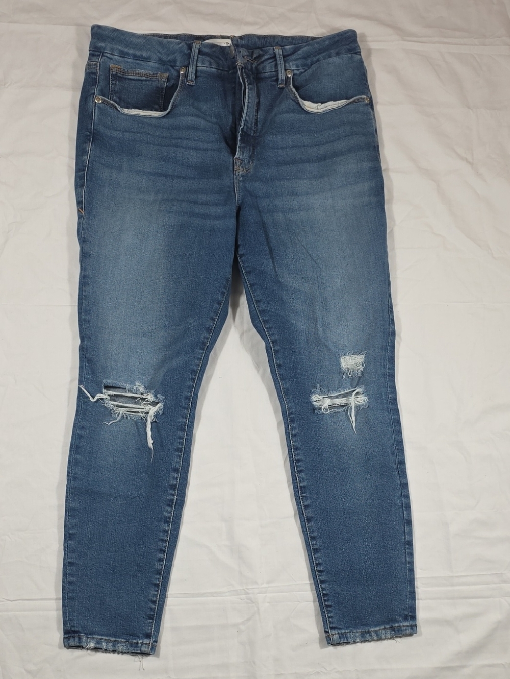 Good American Distressed Mid-Rise Blue Jeans